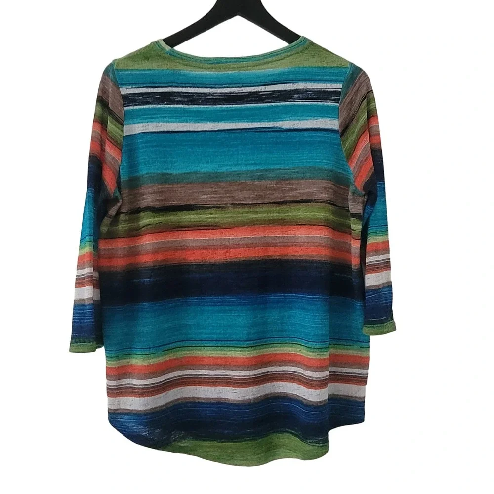 Erin London Top Multicolor Striped 3/4 Sleeve Crew Neck‎ Pullover Boho S
